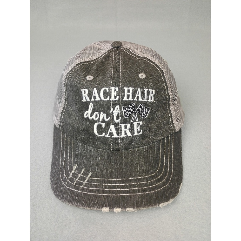 Race Hair Don't Care Trucker Hat Distressed Gray Mesh Back Racing Baseball Cap